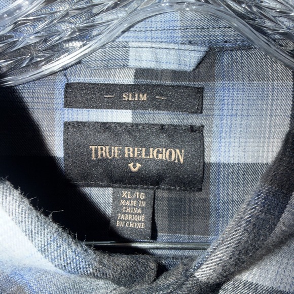 True Religion Shirt Mens XL Plaid Button Up Long Sleeve Embroidered Slim - Picture 5 of 13